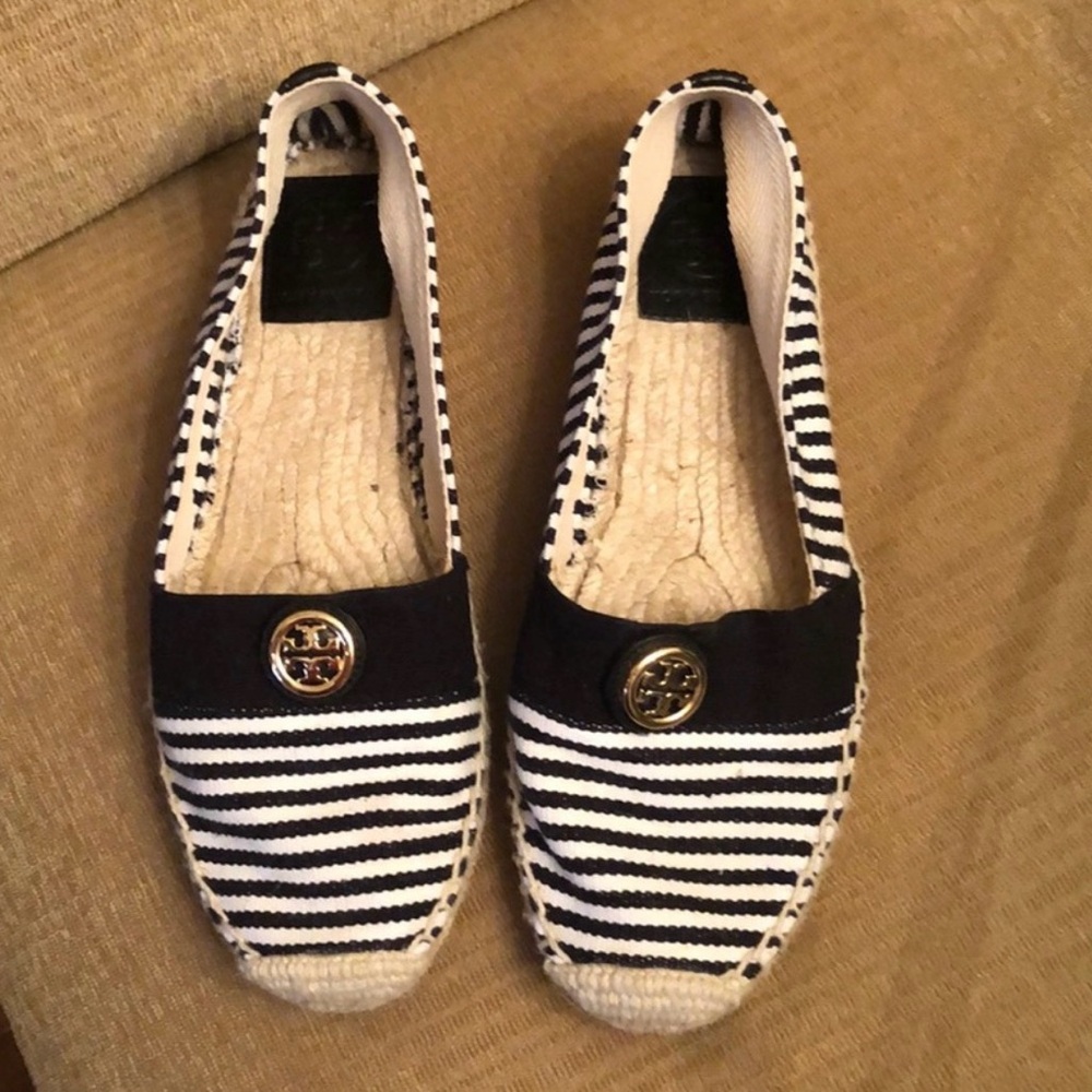 Tory Burch Navy and White Striped Espadrilles